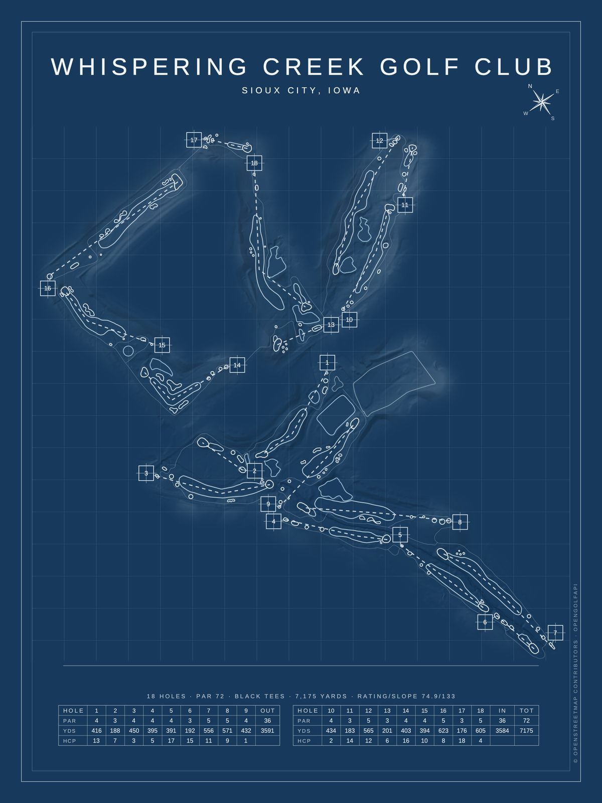 Whispering Creek Golf Club course map poster, Blueprint style, 12×16 / 18×24