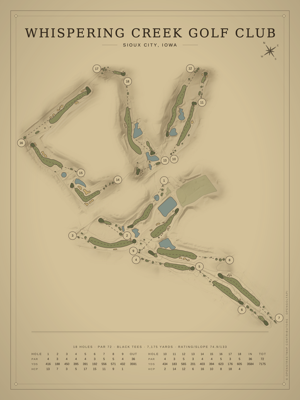 Whispering Creek Golf Club course map poster, Vintage style, 12×16 / 18×24