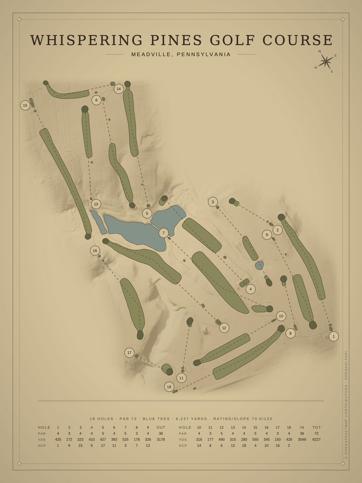 Whispering Pines Golf (Meadville) course map poster, Vintage style, 12×16 / 18×24