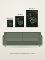 Whispering Pines Golf (Meadville) course map poster in the Architectural style at 12×16, 18×24 and 24×36 inches, shown to scale on a wall above an 84-inch sofa