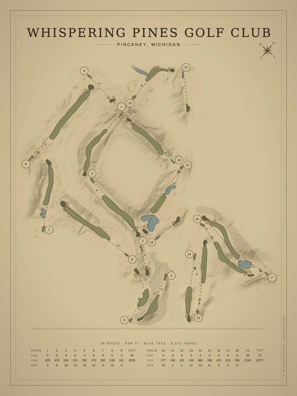 Whispering Pines Golf Club course map poster, Vintage style, 12×16 / 18×24