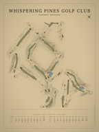 Whispering Pines Golf Club course map poster, Vintage style, 12×16 / 18×24