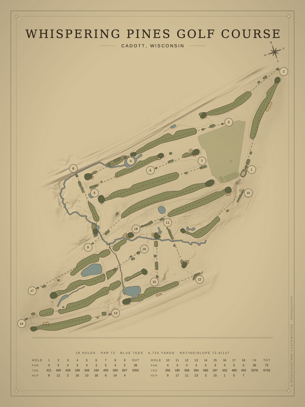 Whispering Pines Golf Course map poster, Vintage style, 12×16 / 18×24