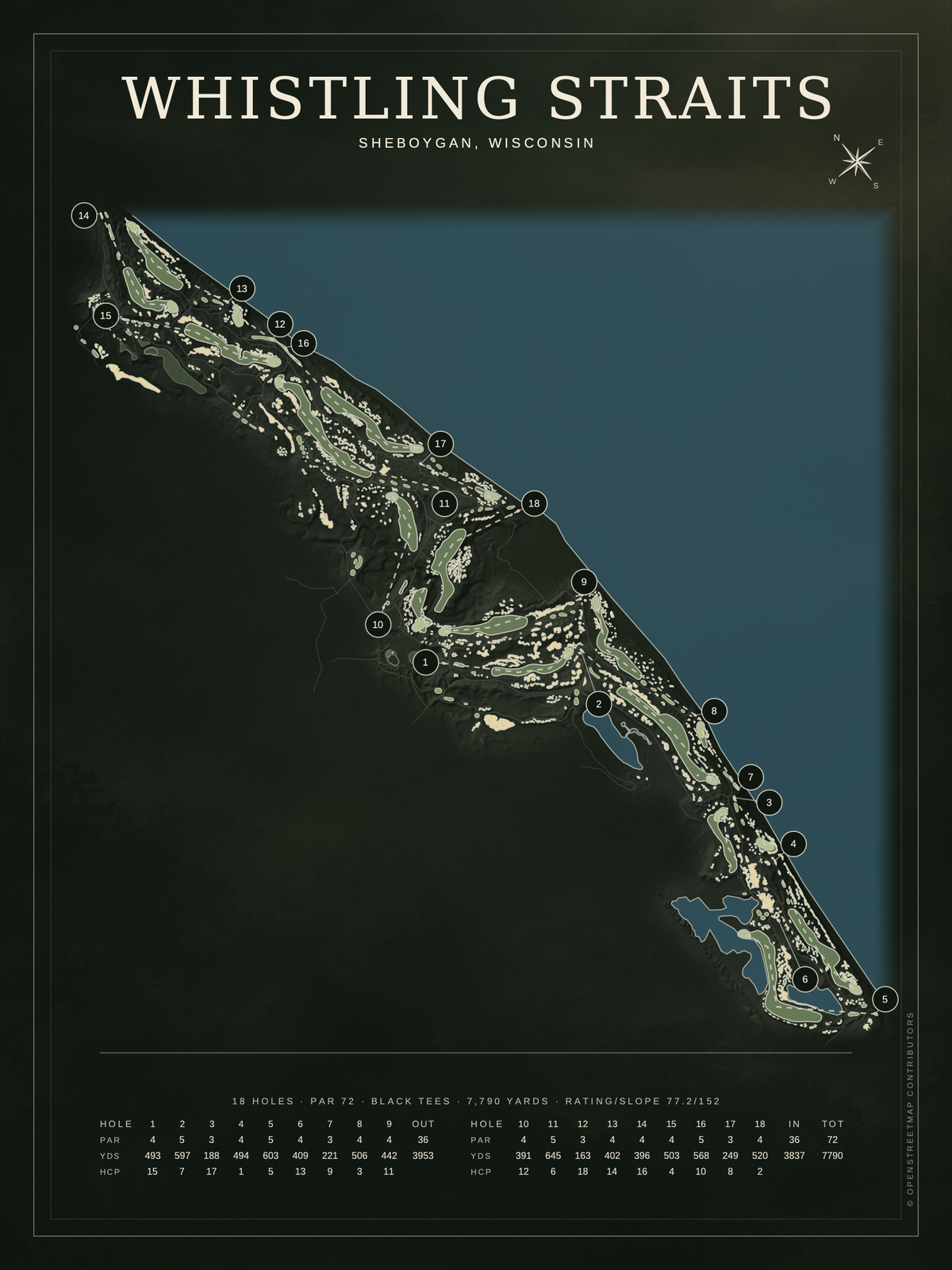 Whistling Straits course map poster, Architectural style, 12×16 / 18×24