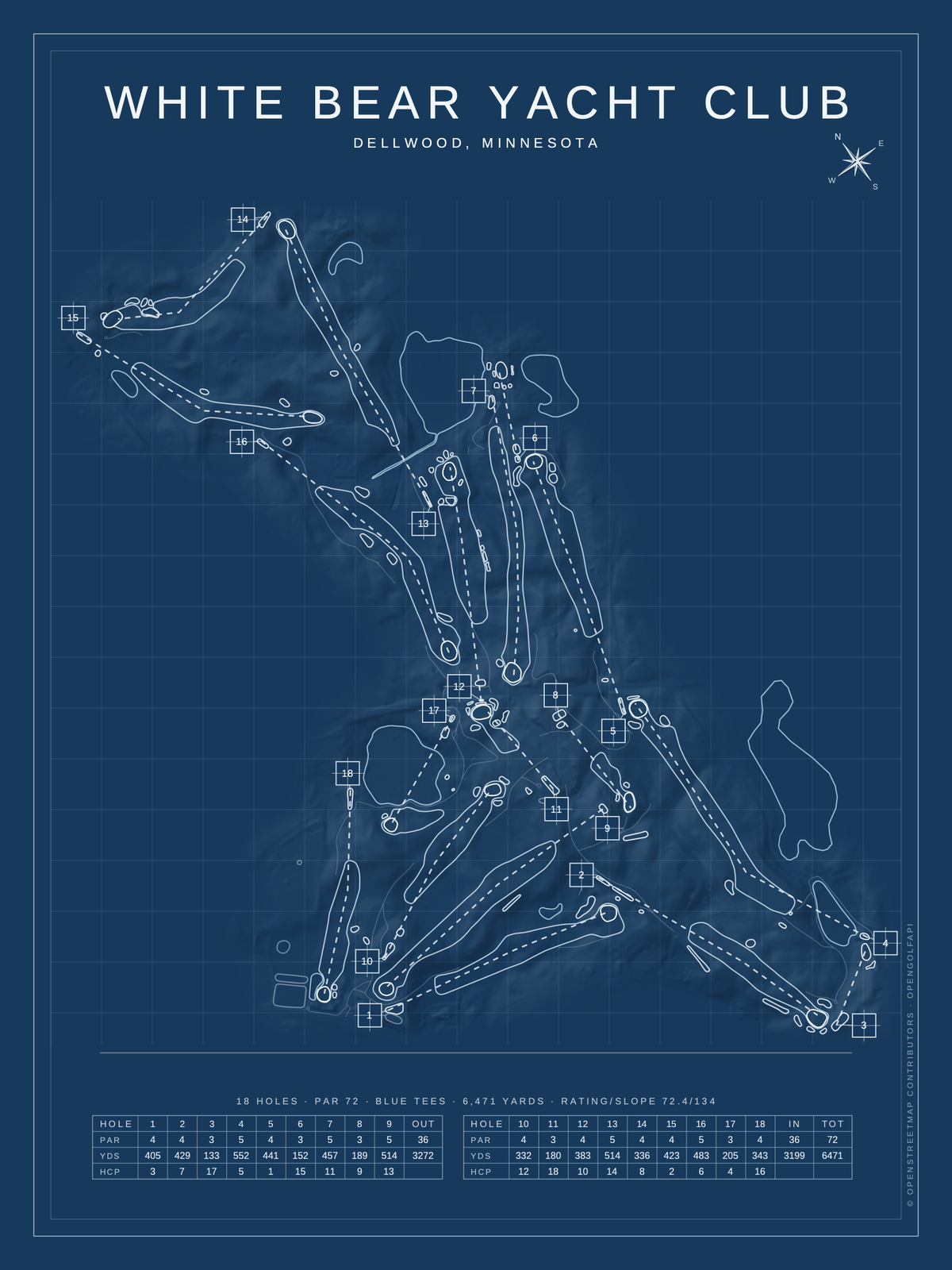 White Bear Yacht Club course map poster, Blueprint style, 12×16 / 18×24
