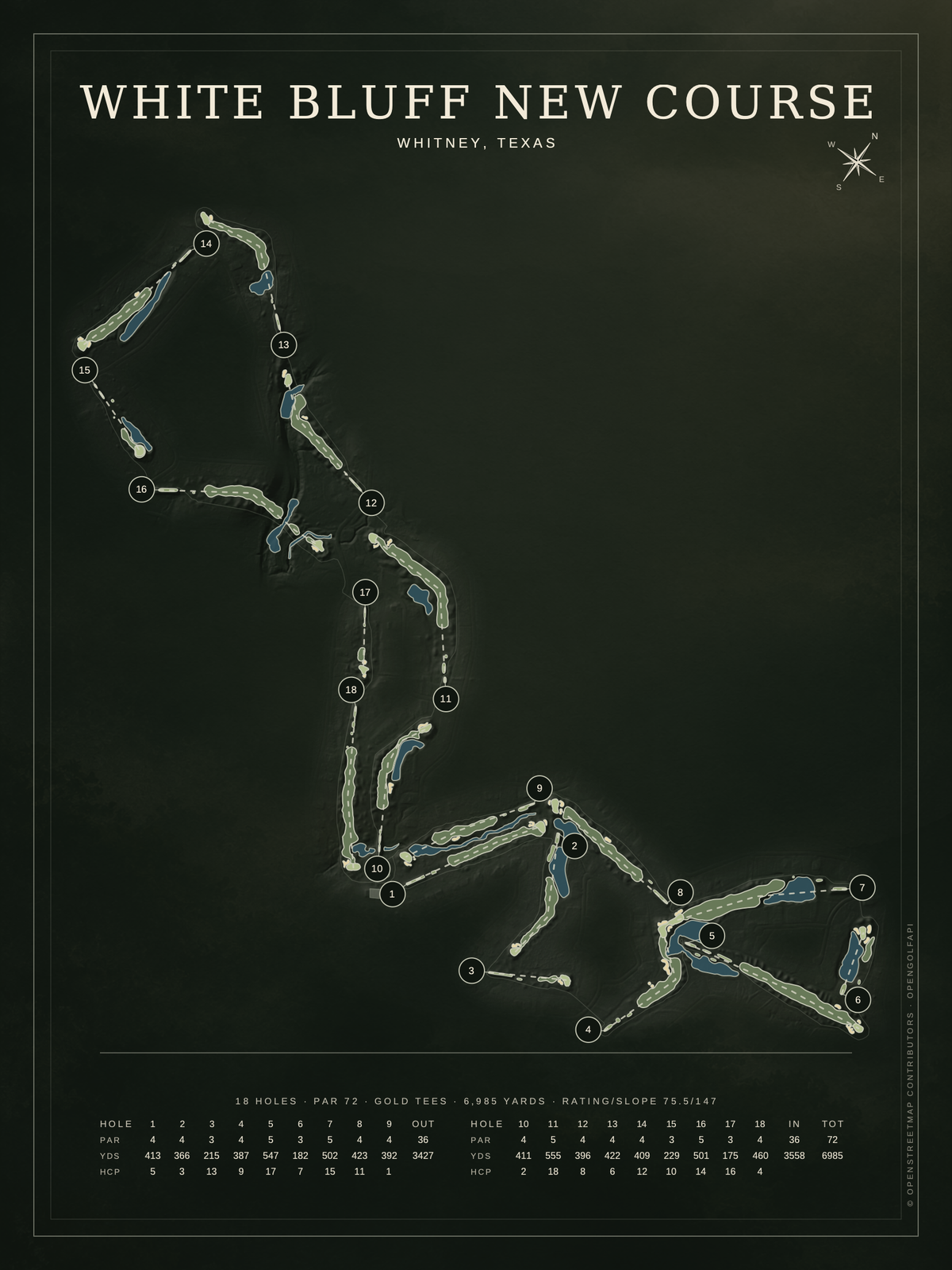 White Bluff New Course map poster, Architectural style, 12×16 / 18×24
