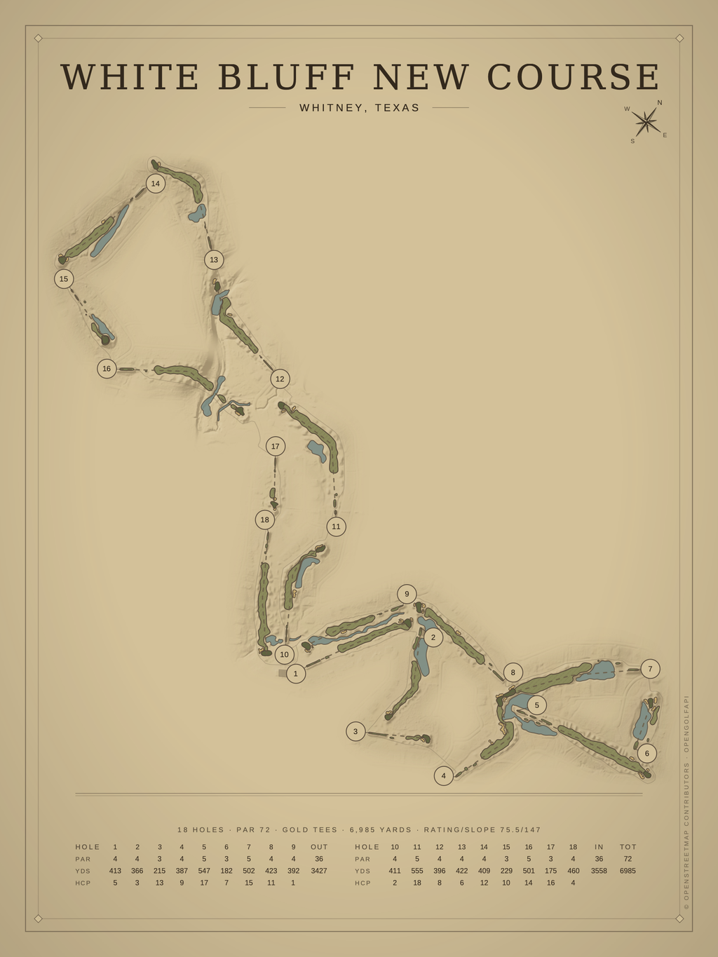 White Bluff New Course map poster, Vintage style, 12×16 / 18×24