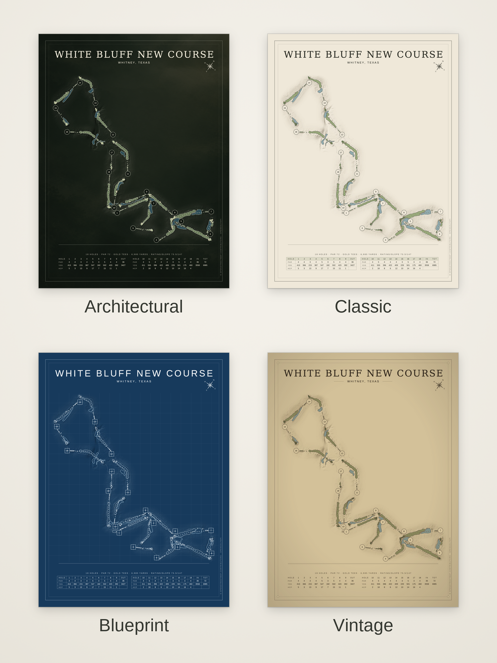 White Bluff New Course map poster in four styles: Architectural, Classic, Blueprint and Vintage