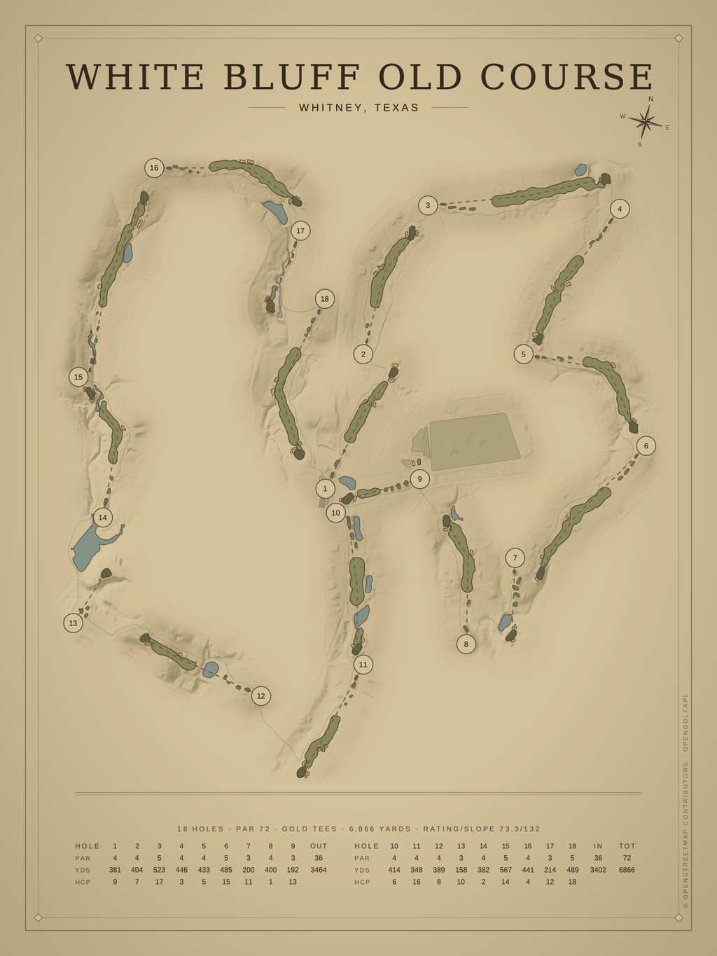 White Bluff Old Course map poster, Vintage style, 12×16 / 18×24