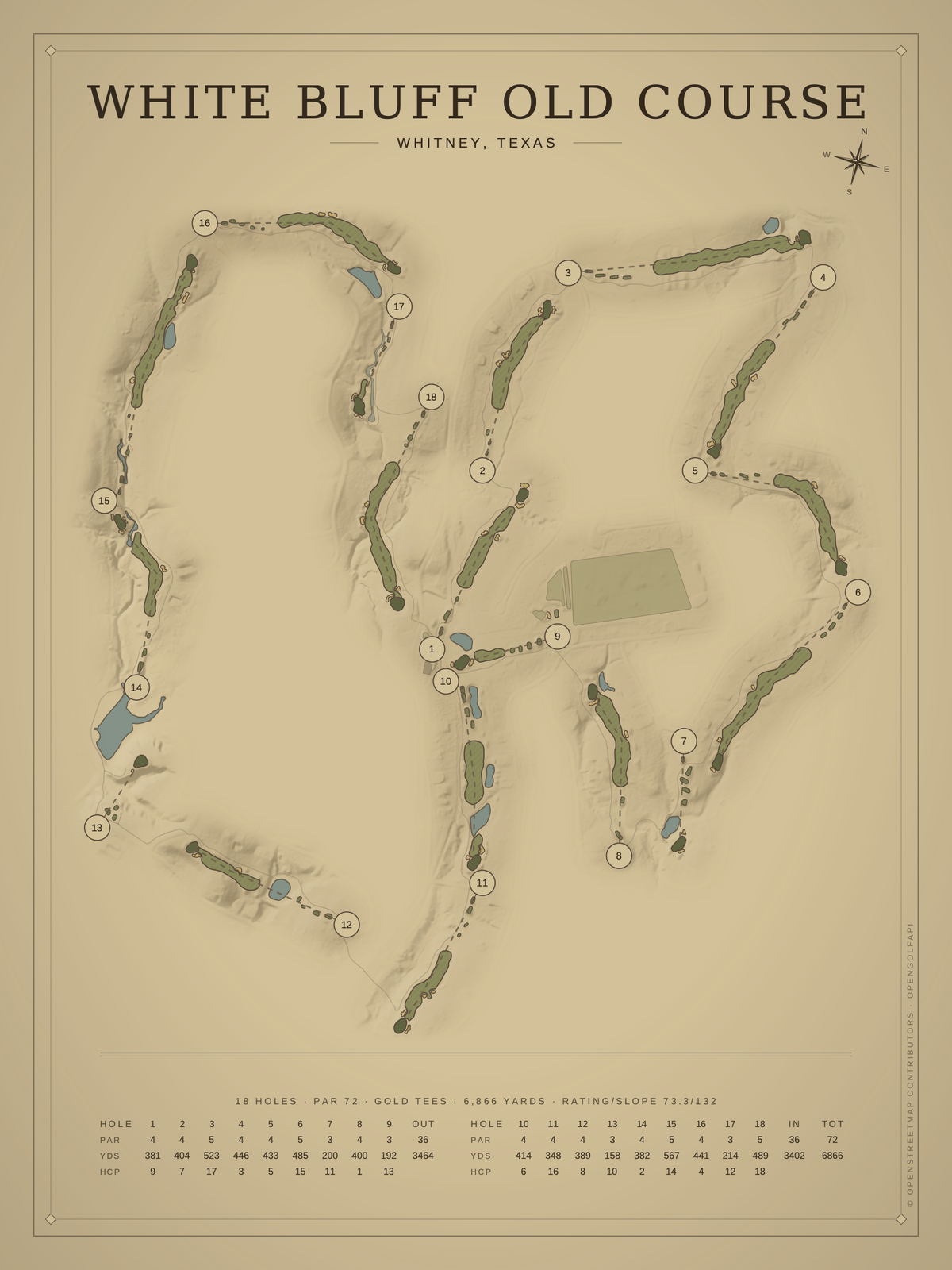 White Bluff Old Course map poster, Vintage style, 12×16 / 18×24