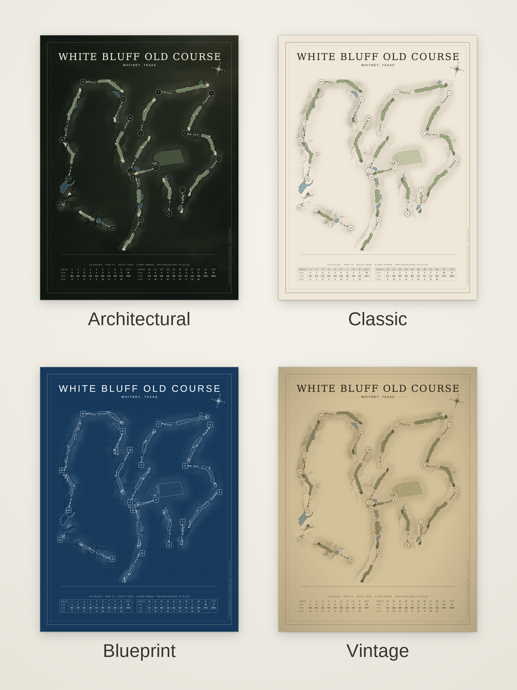 White Bluff Old Course map poster in four styles: Architectural, Classic, Blueprint and Vintage