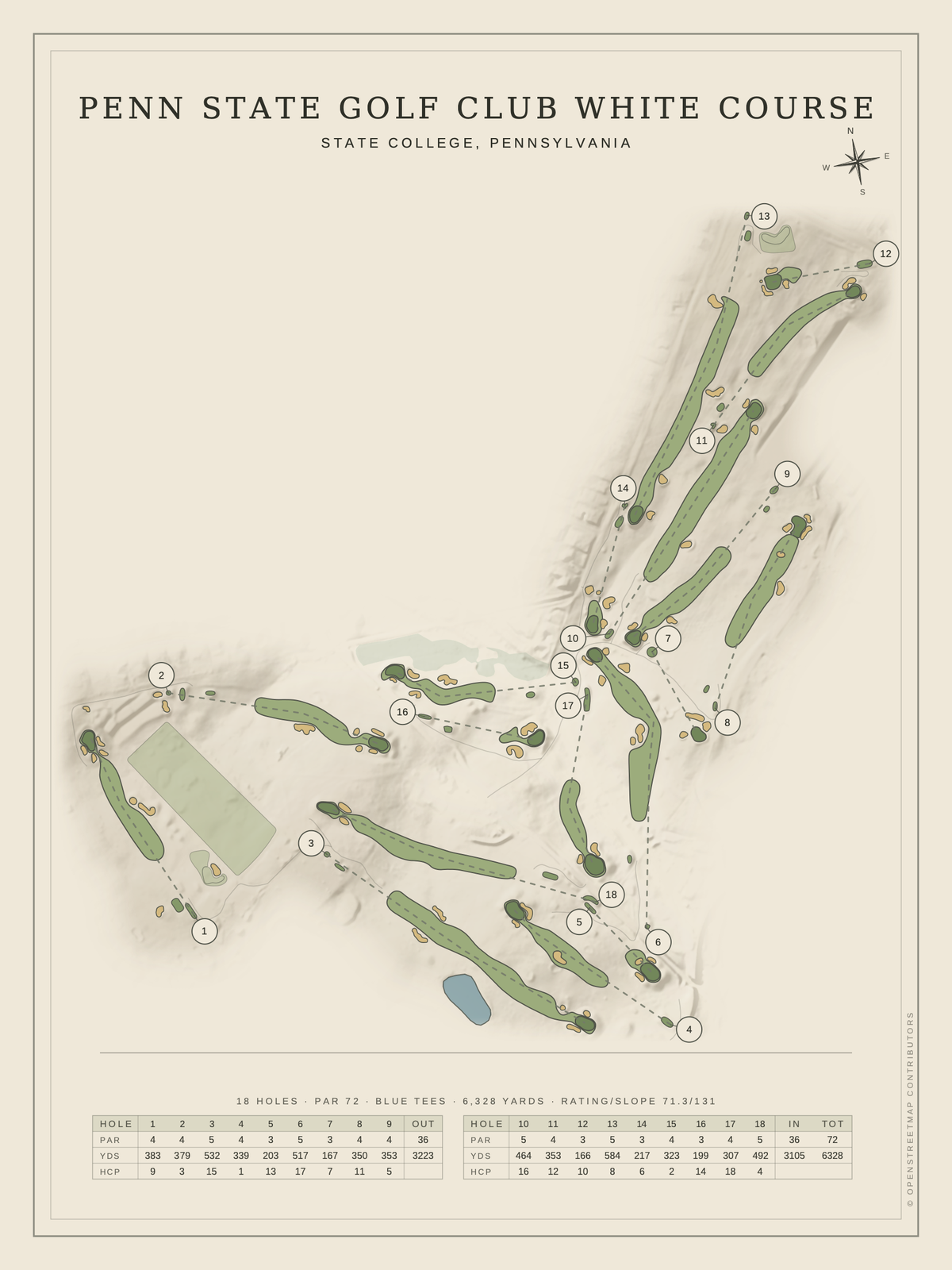 Penn State Golf Club White Course map poster, Classic style, 12×16 / 18×24