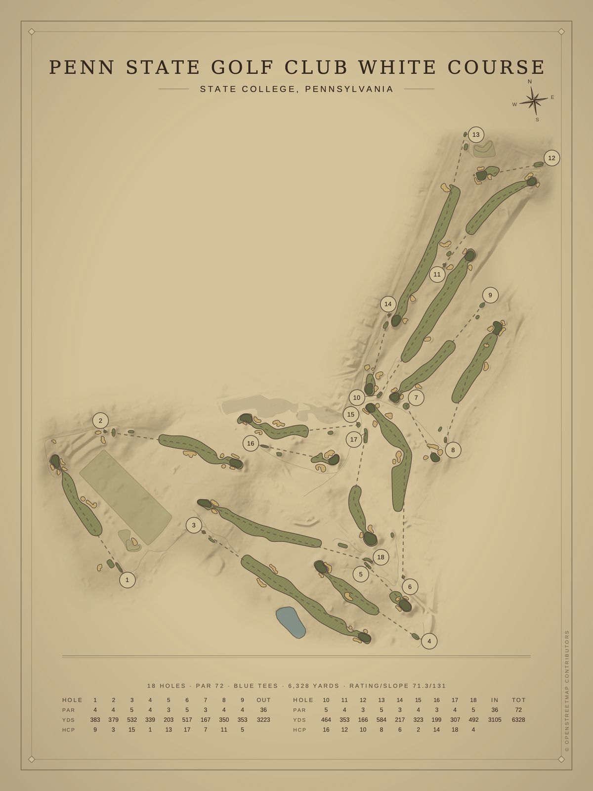 Penn State Golf Club White Course map poster, Vintage style, 12×16 / 18×24