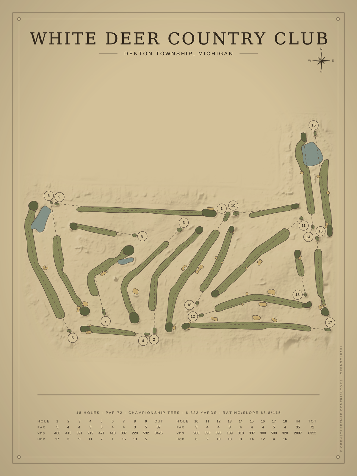 White Deer Country Club course map poster, Vintage style, 12×16 / 18×24