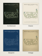White Deer Country Club course map poster in four styles: Architectural, Classic, Blueprint and Vintage