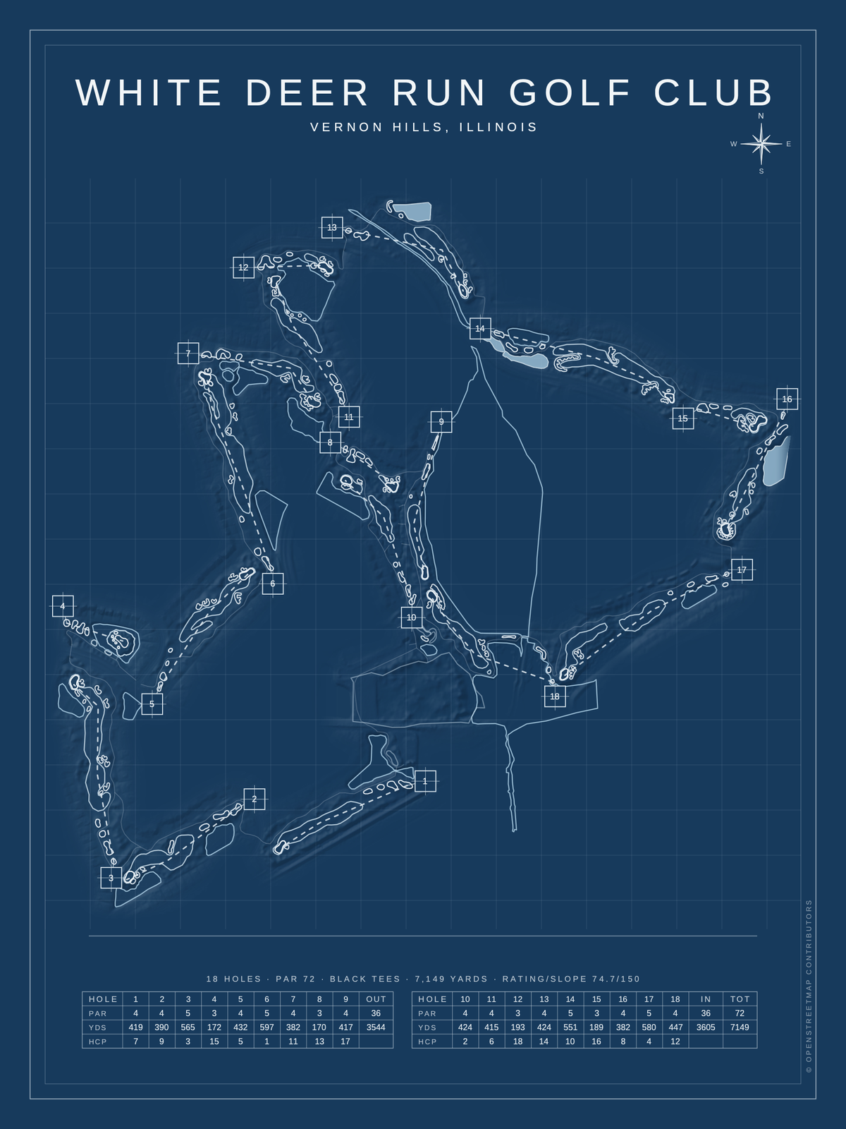 White Deer Run Golf Club course map poster, Blueprint style, 12×16 / 18×24