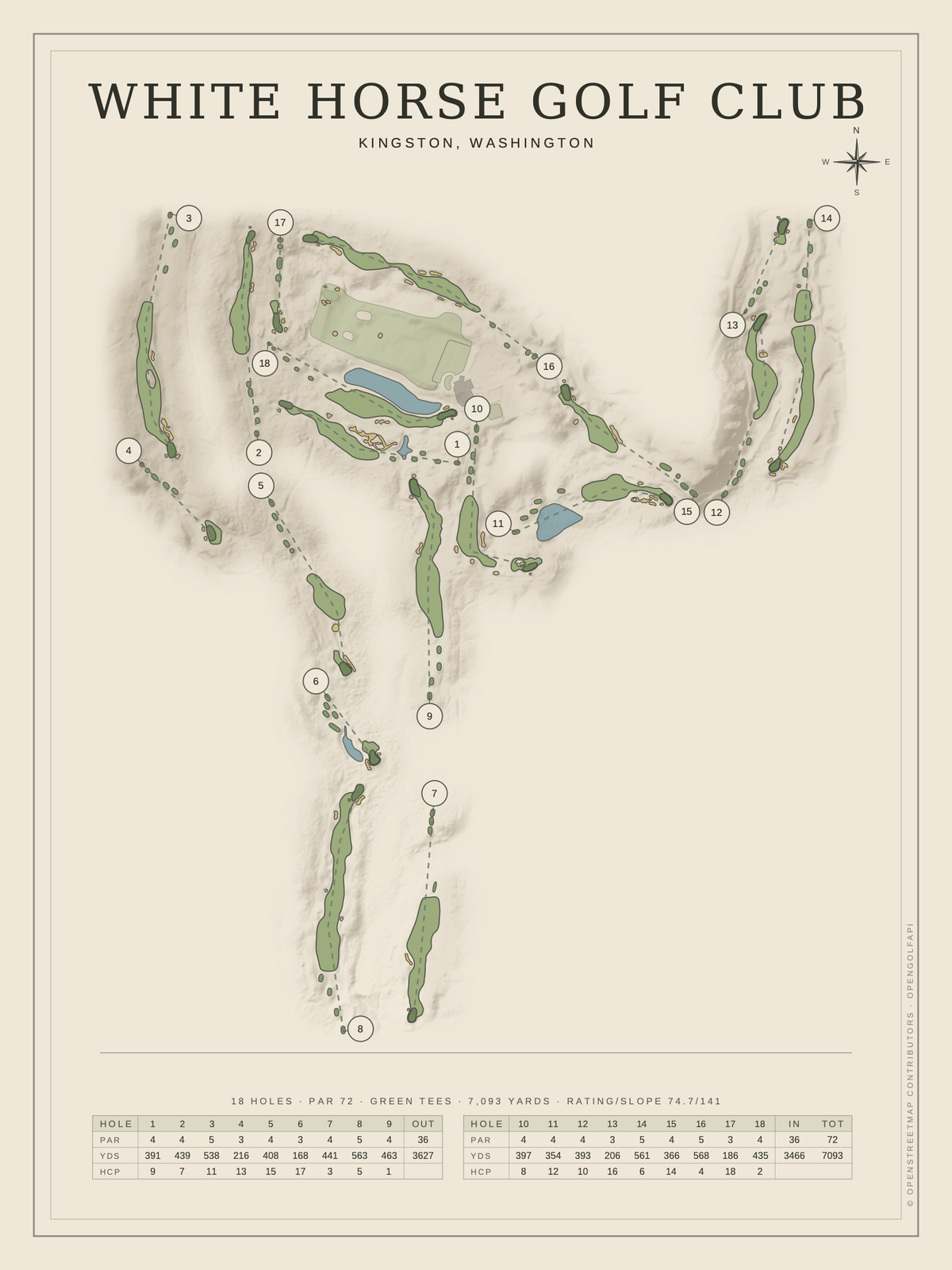 White Horse Golf Club course map poster, Classic style, 12×16 / 18×24