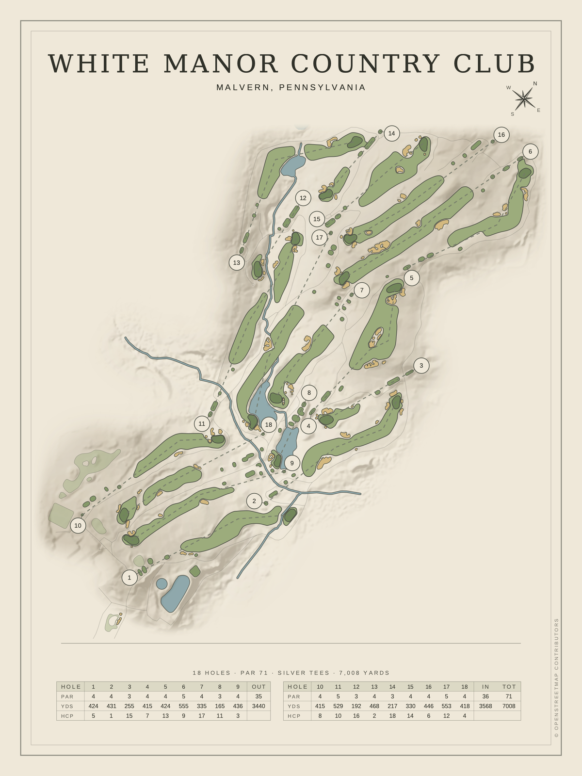 White Manor Country Club course map poster, Classic style, 12×16 / 18×24