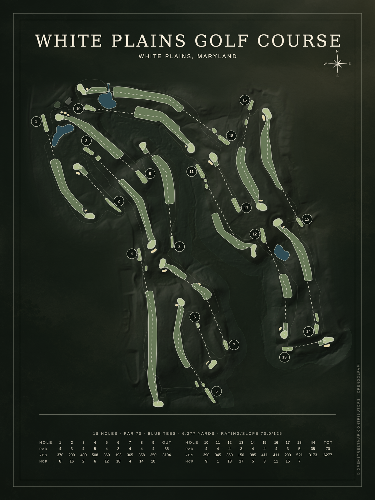 White Plains Golf Course map poster, Architectural style, 12×16 / 18×24
