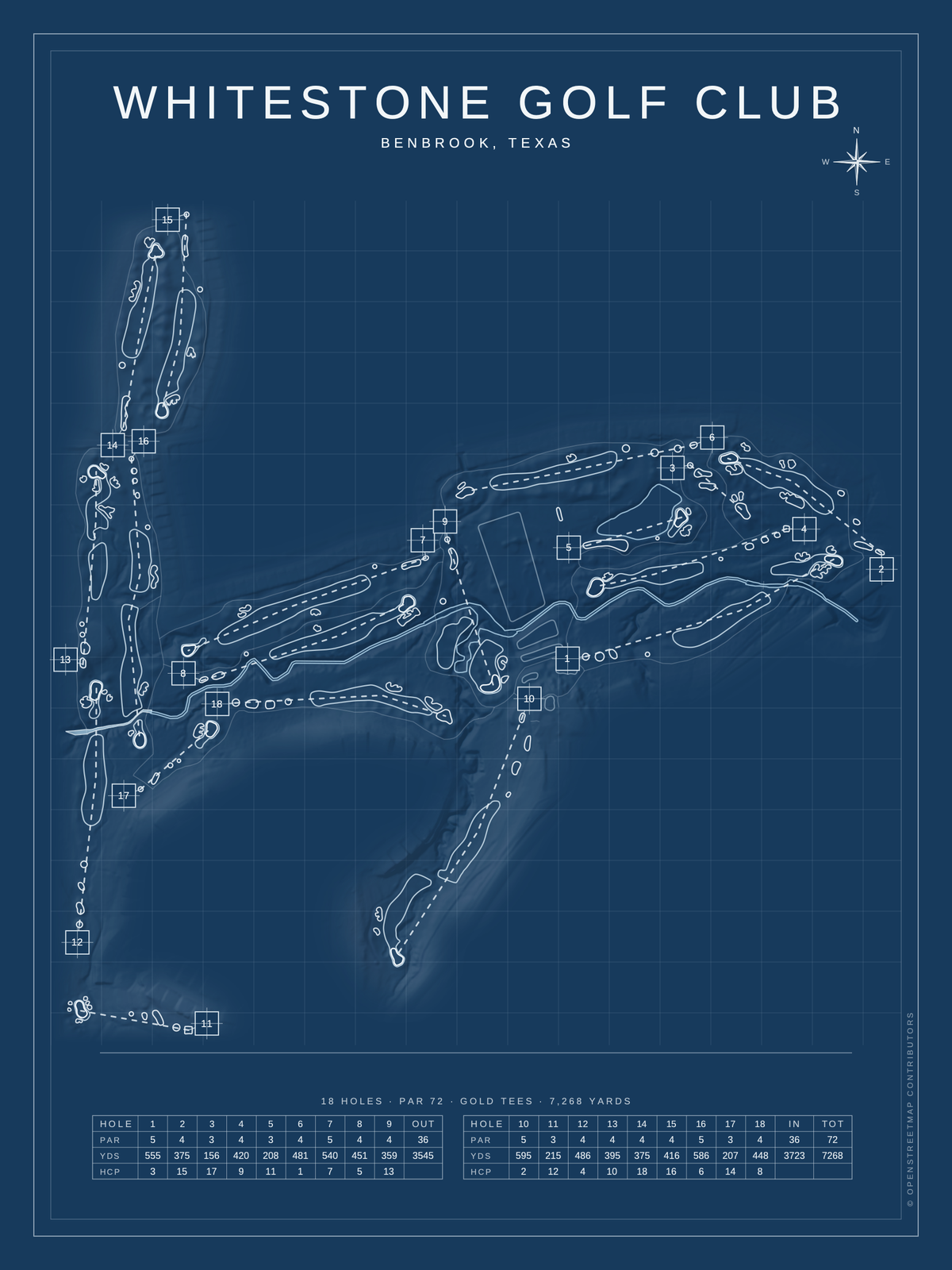 Whitestone Golf Club course map poster, Blueprint style, 12×16 / 18×24