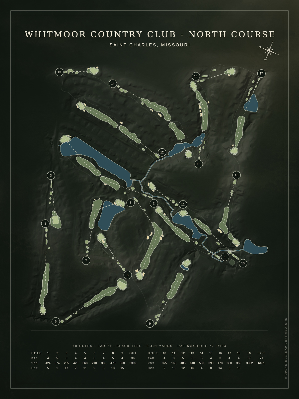 Whitmoor Country Club - North Course map poster, Architectural style, 12×16 / 18×24