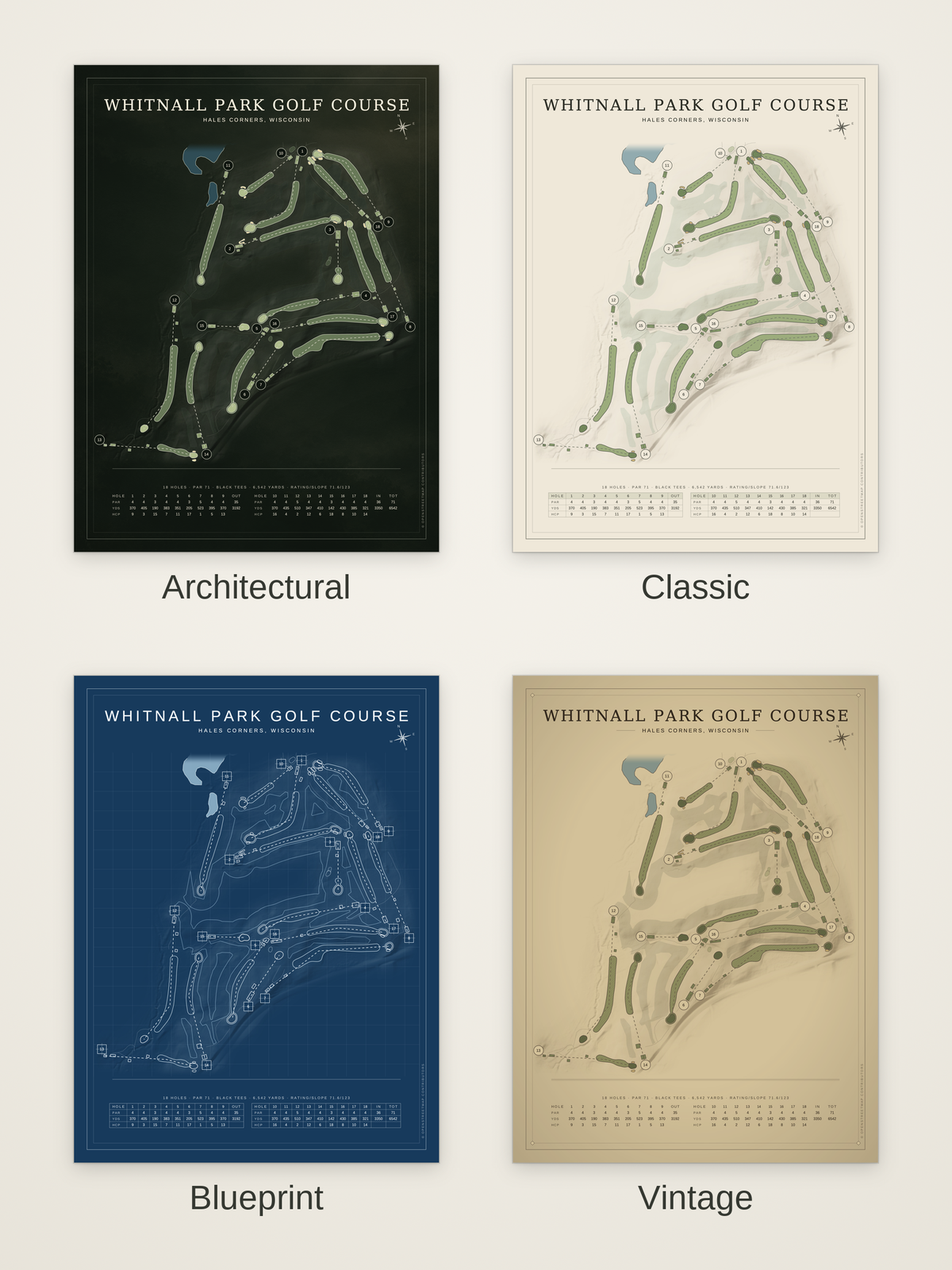 Whitnall Park Golf Course map poster in four styles: Architectural, Classic, Blueprint and Vintage