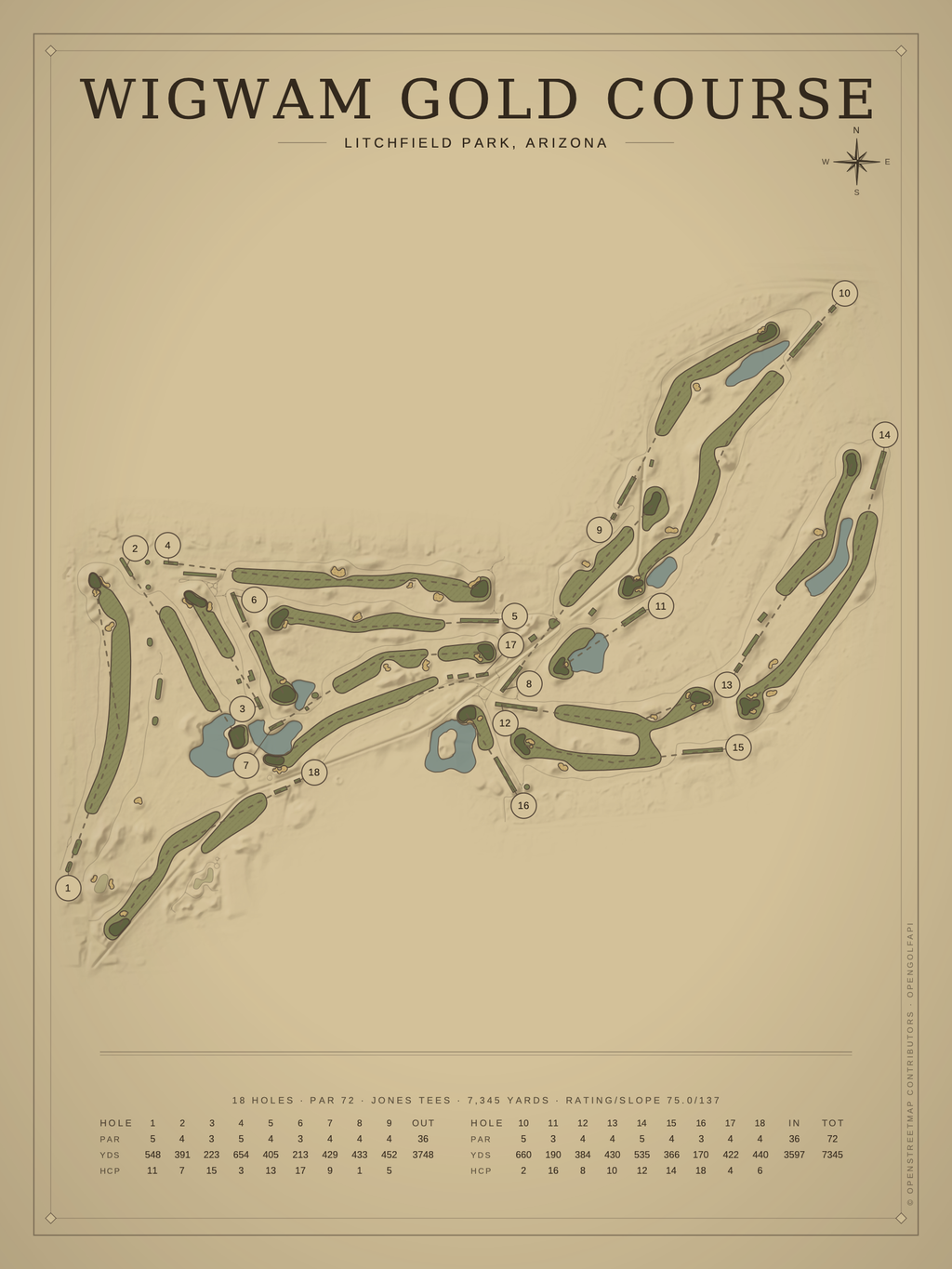 Wigwam Gold Course map poster, Vintage style, 12×16 / 18×24