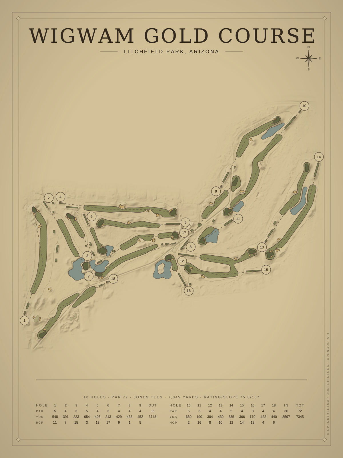 Wigwam Gold Course map poster, Vintage style, 12×16 / 18×24