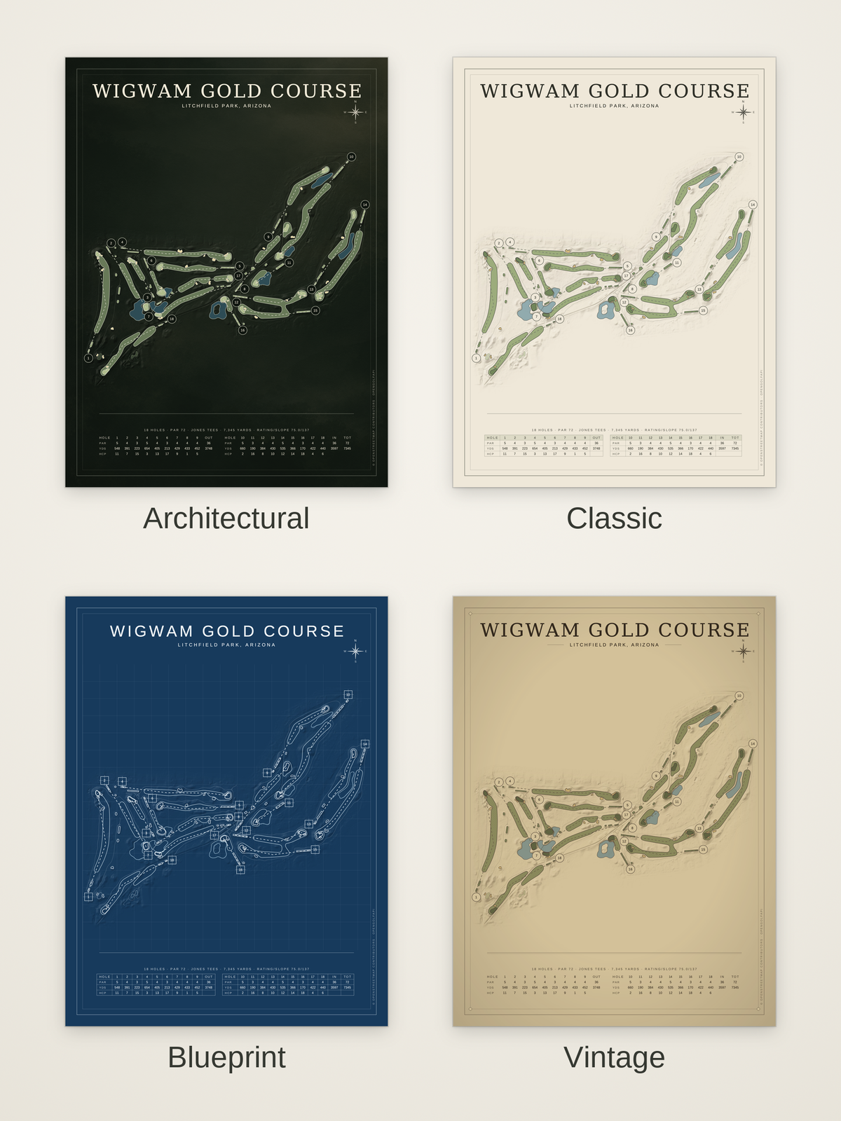 Wigwam Gold Course map poster in four styles: Architectural, Classic, Blueprint and Vintage