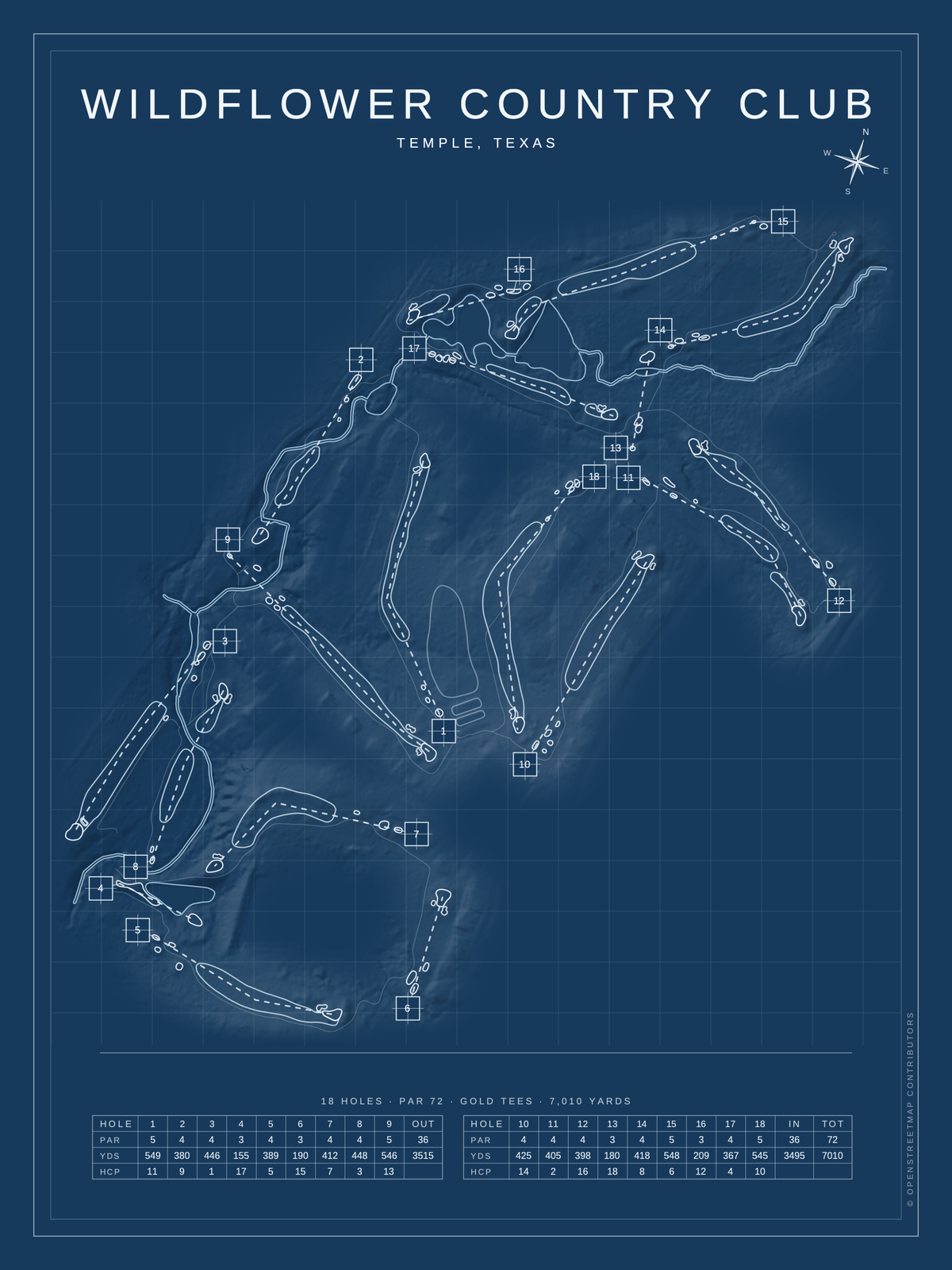 Wildflower Country Club course map poster, Blueprint style, 12×16 / 18×24
