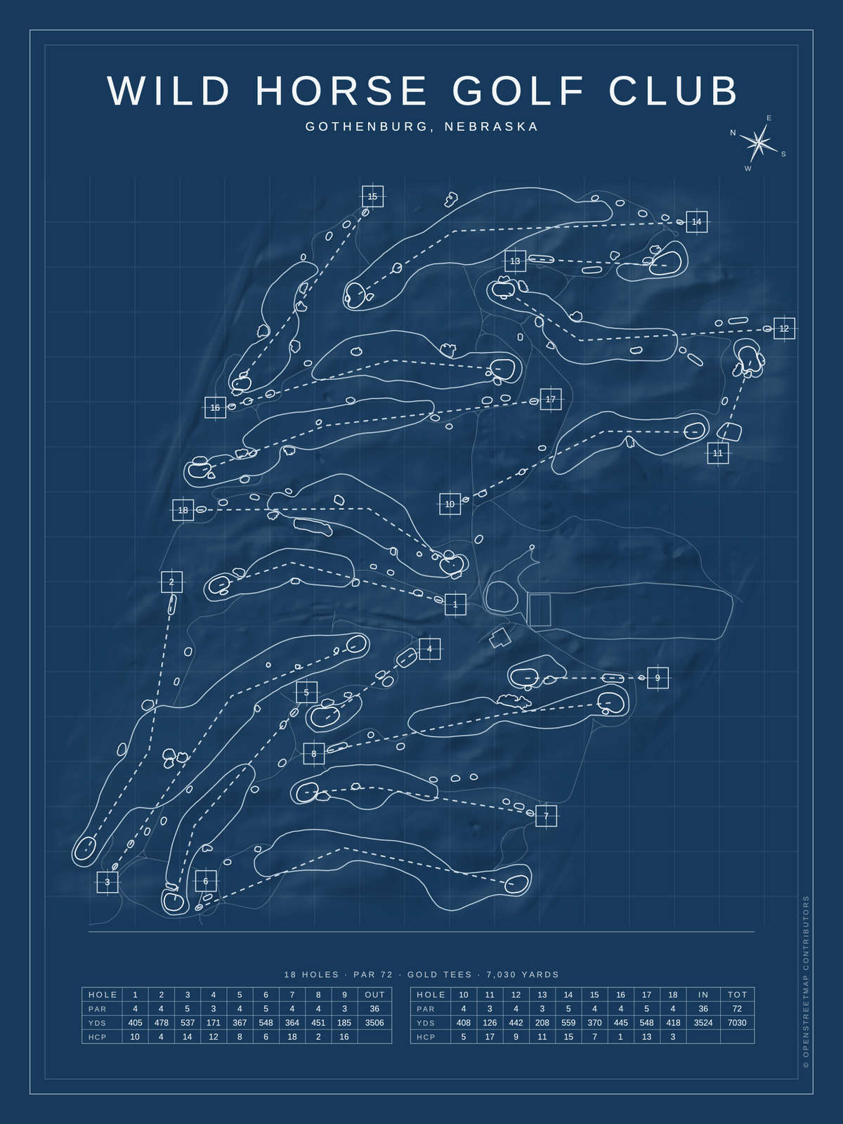 Wild Horse Golf Club course map poster, Blueprint style, 12×16 / 18×24