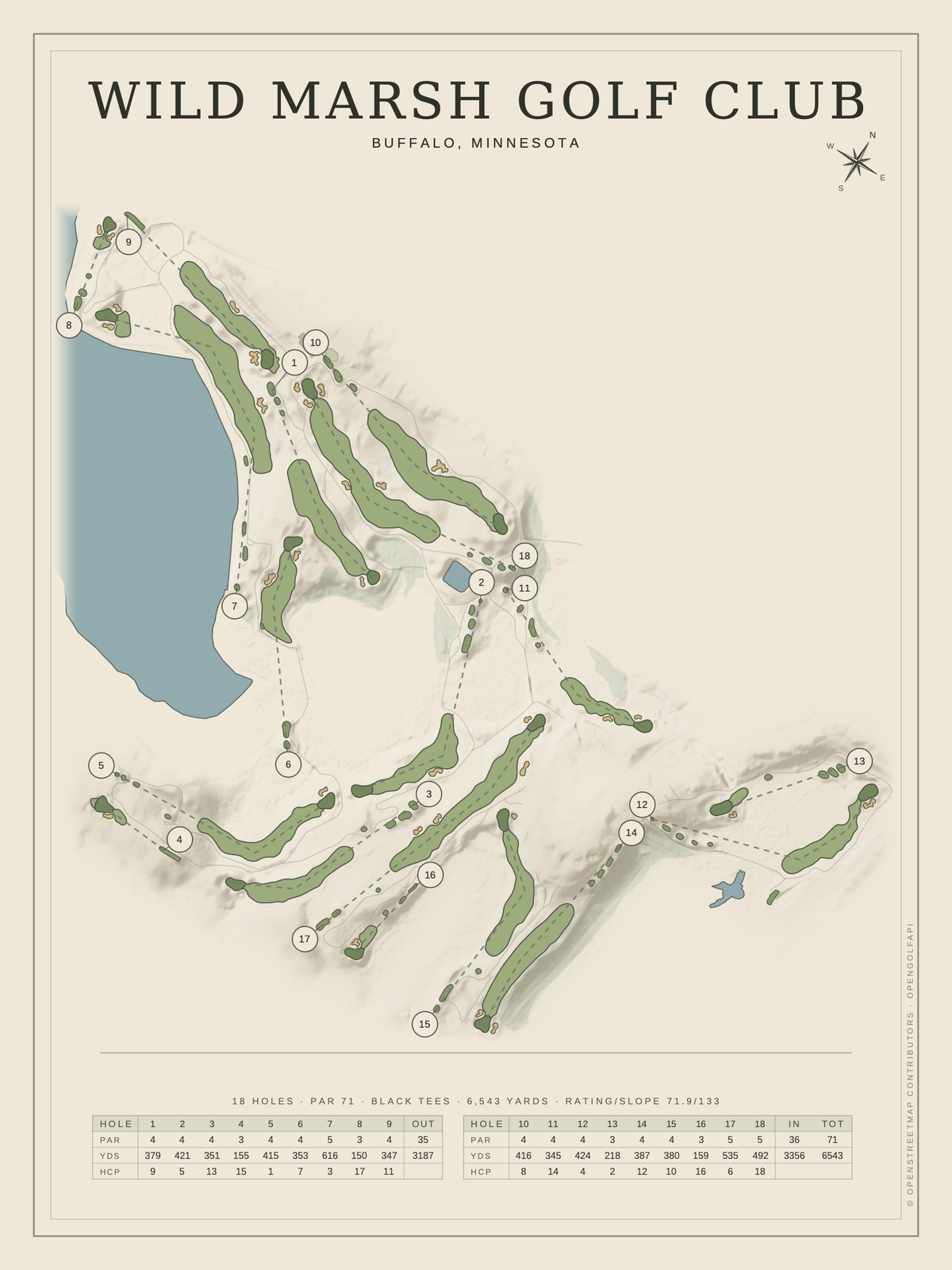 Wild Marsh Golf Club course map poster, Classic style, 12×16 / 18×24