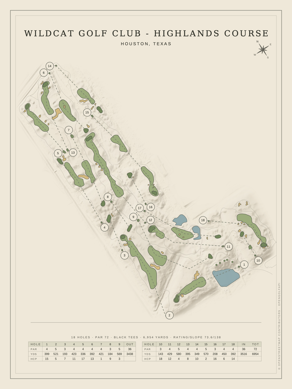 Wildcat Golf Club - Highlands Course map poster, Classic style, 12×16 / 18×24