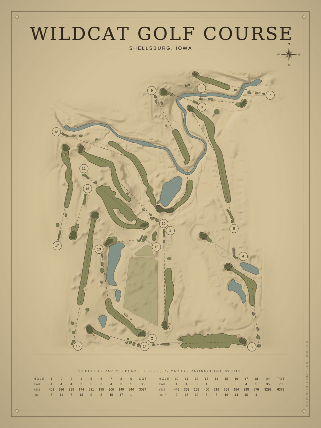 Wildcat Golf Course map poster, Vintage style, 12×16 / 18×24