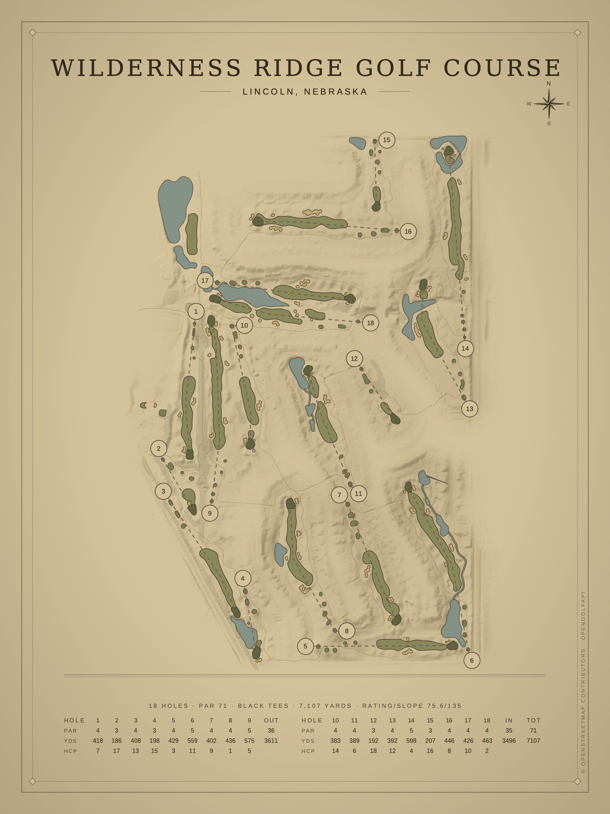 Wilderness Ridge Golf Course map poster, Vintage style, 12×16 / 18×24