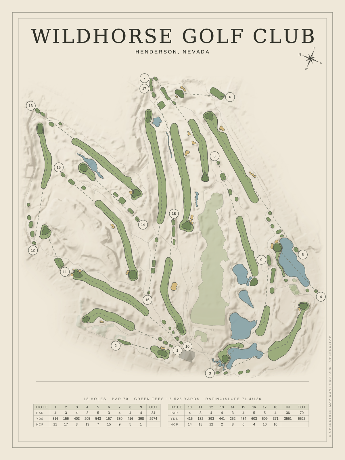 Wildhorse Golf Club course map poster, Classic style, 12×16 / 18×24