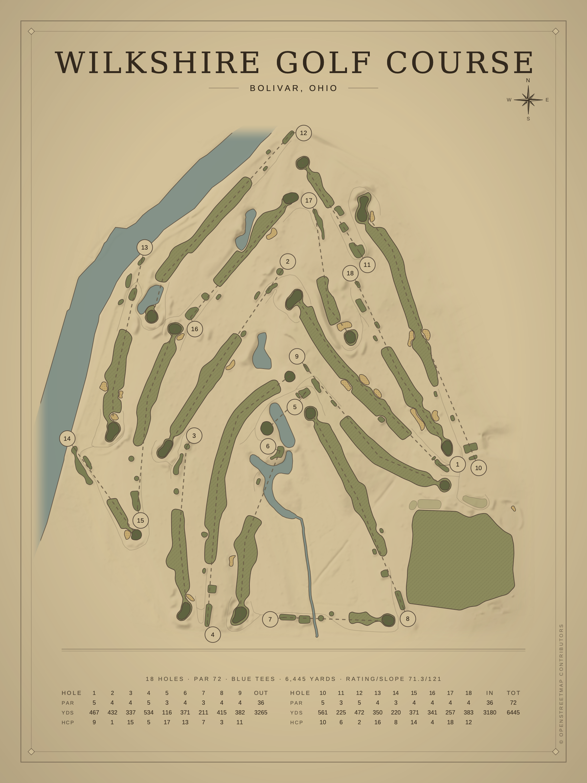 Wilkshire Golf Course map poster, Vintage style, 12×16 / 18×24