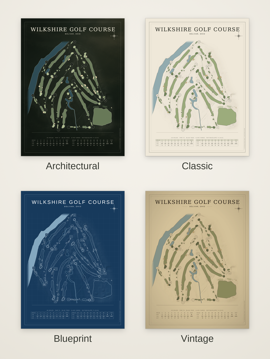 Wilkshire Golf Course map poster in four styles: Architectural, Classic, Blueprint and Vintage