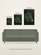 Wilkshire Golf Course map poster in the Architectural style at 12×16, 18×24 and 24×36 inches, shown to scale on a wall above an 84-inch sofa