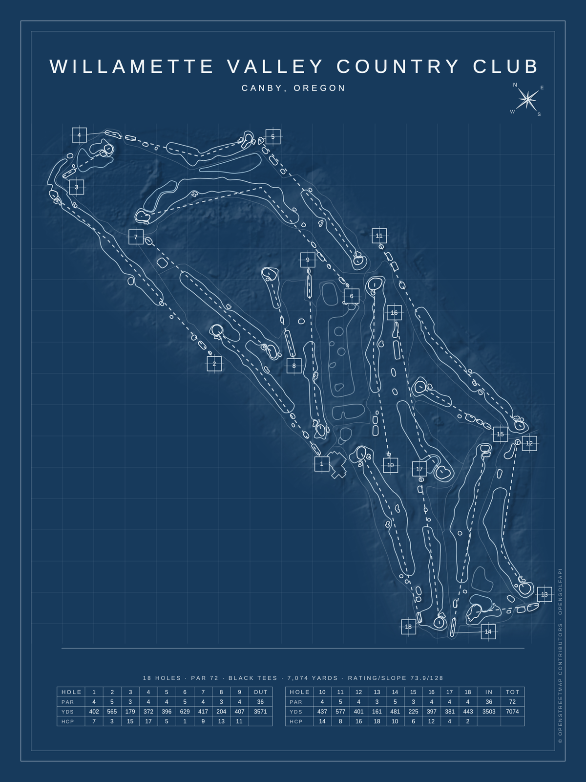 Willamette Valley Country Club course map poster, Blueprint style, 12×16 / 18×24