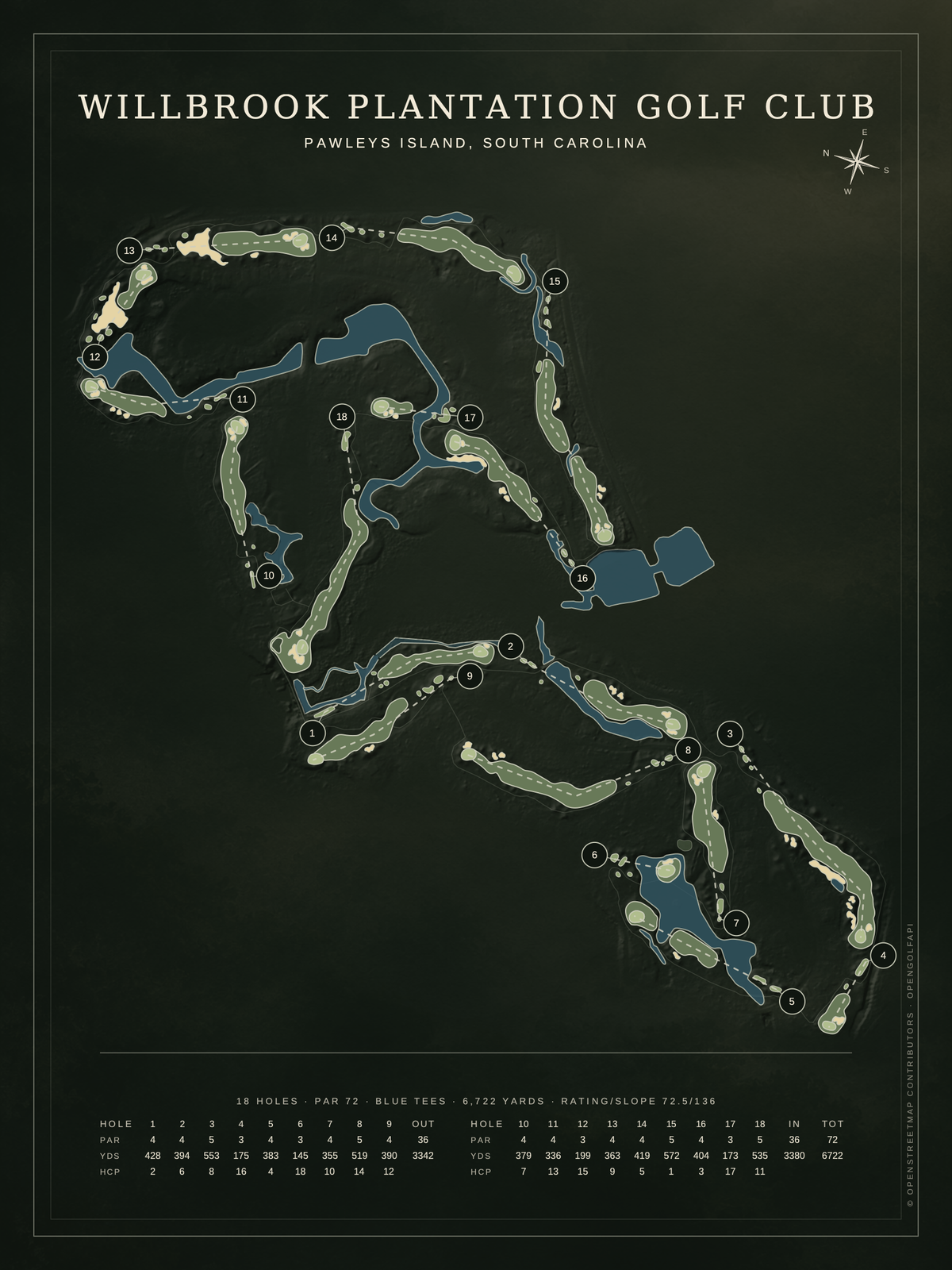Willbrook Plantation Golf Club course map poster, Architectural style, 12×16 / 18×24