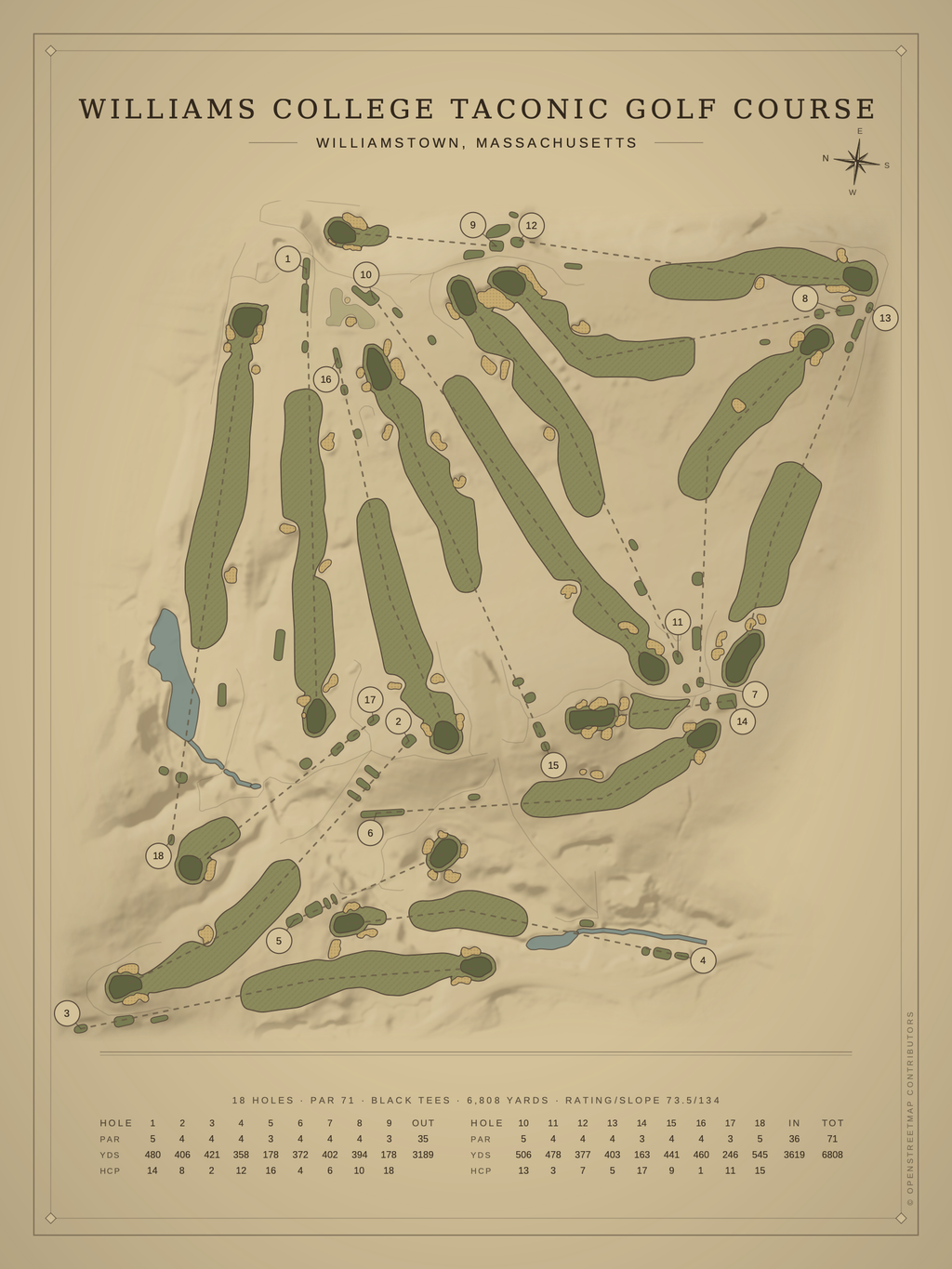 Williams College Taconic Golf Course map poster, Vintage style, 12×16 / 18×24