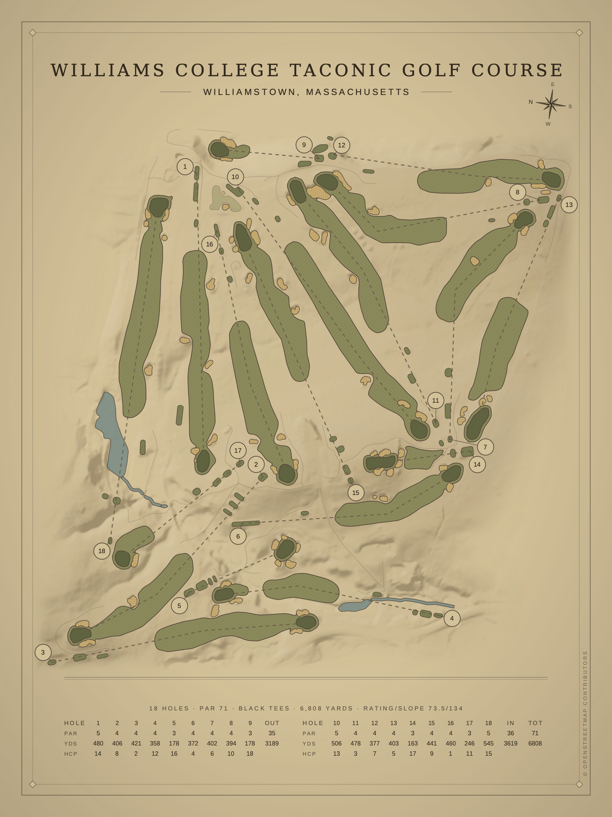 Williams College Taconic Golf Course map poster, Vintage style, 12×16 / 18×24