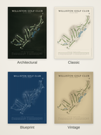 Williston Golf Club course map poster in four styles: Architectural, Classic, Blueprint and Vintage
