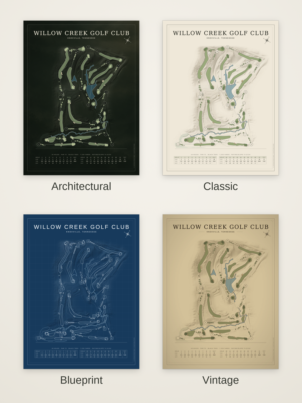 Willow Creek Golf Club course map poster in four styles: Architectural, Classic, Blueprint and Vintage