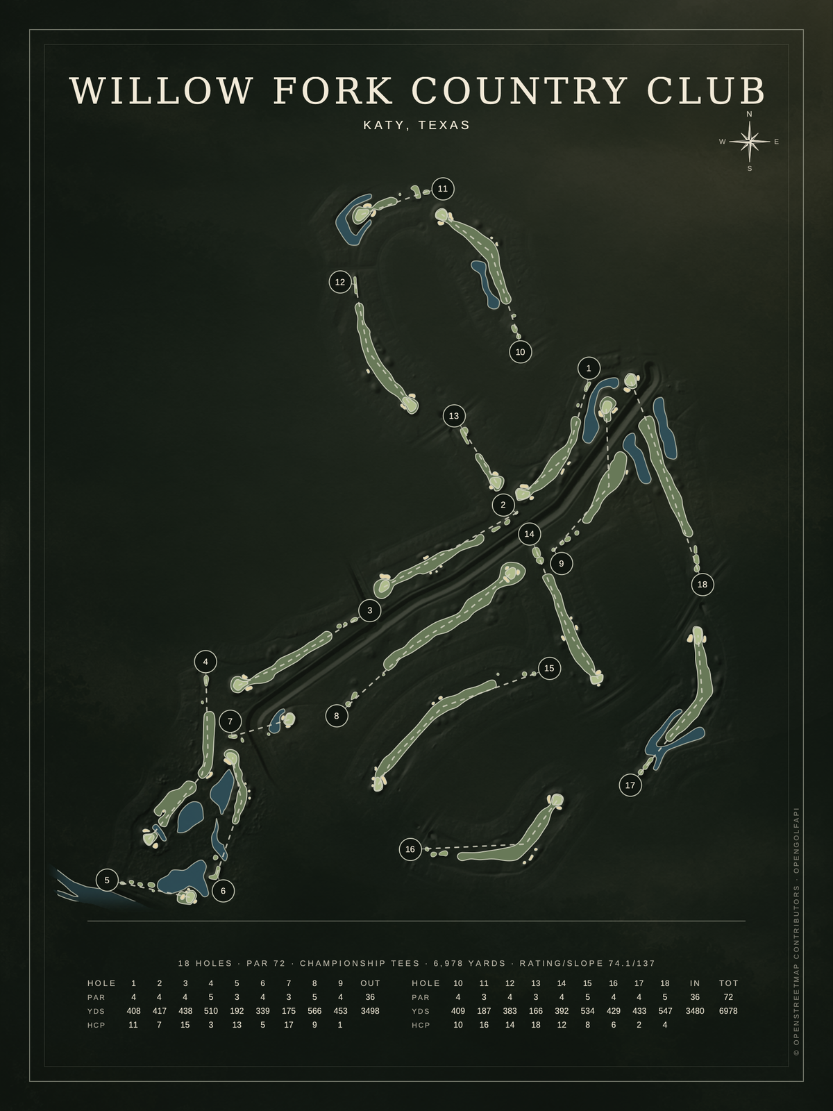 Willow Fork Country Club course map poster, Architectural style, 12×16 / 18×24
