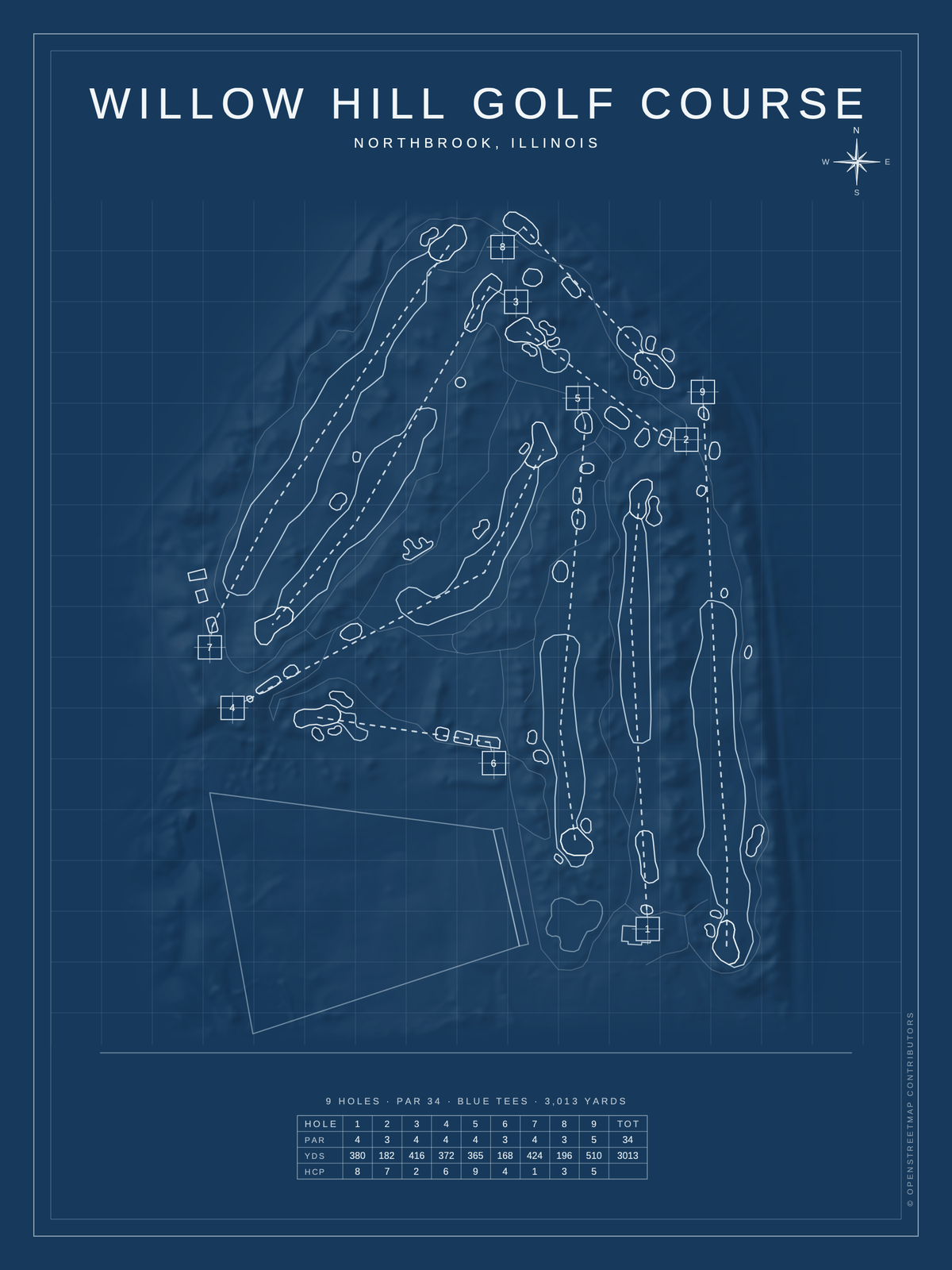 Willow Hill Golf Course map poster, Blueprint style, 12×16 / 18×24