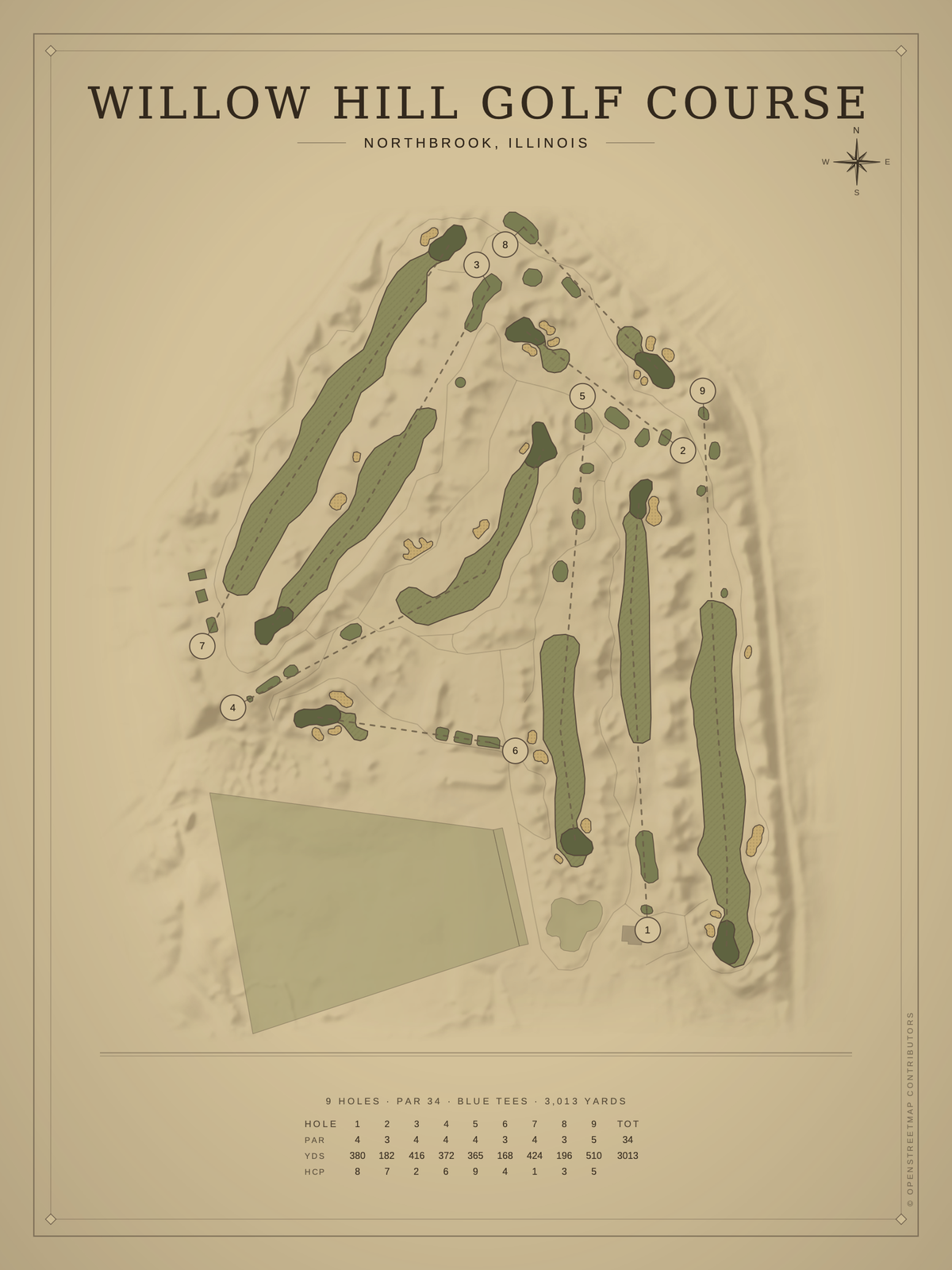 Willow Hill Golf Course map poster, Vintage style, 12×16 / 18×24