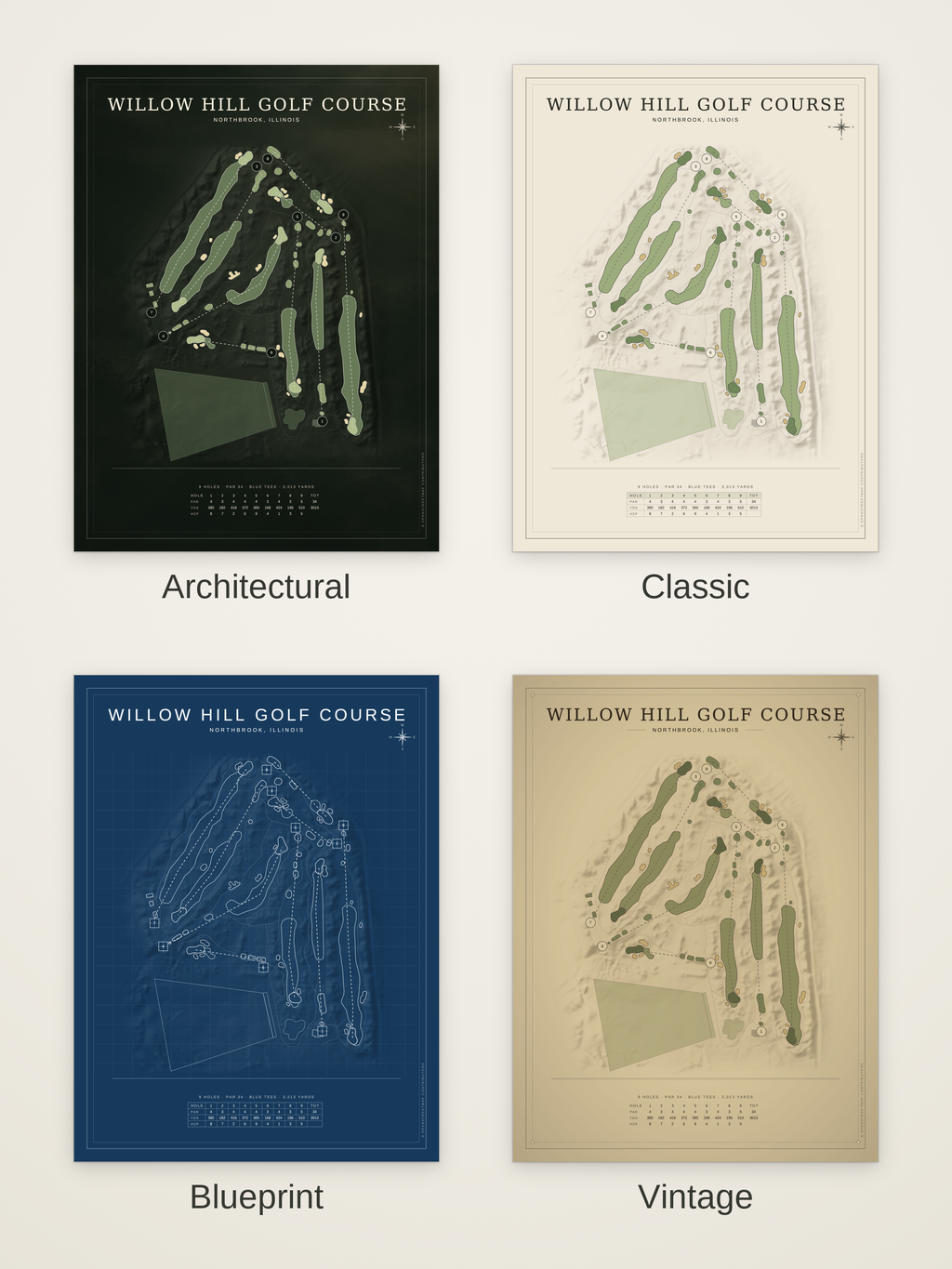Willow Hill Golf Course map poster in four styles: Architectural, Classic, Blueprint and Vintage