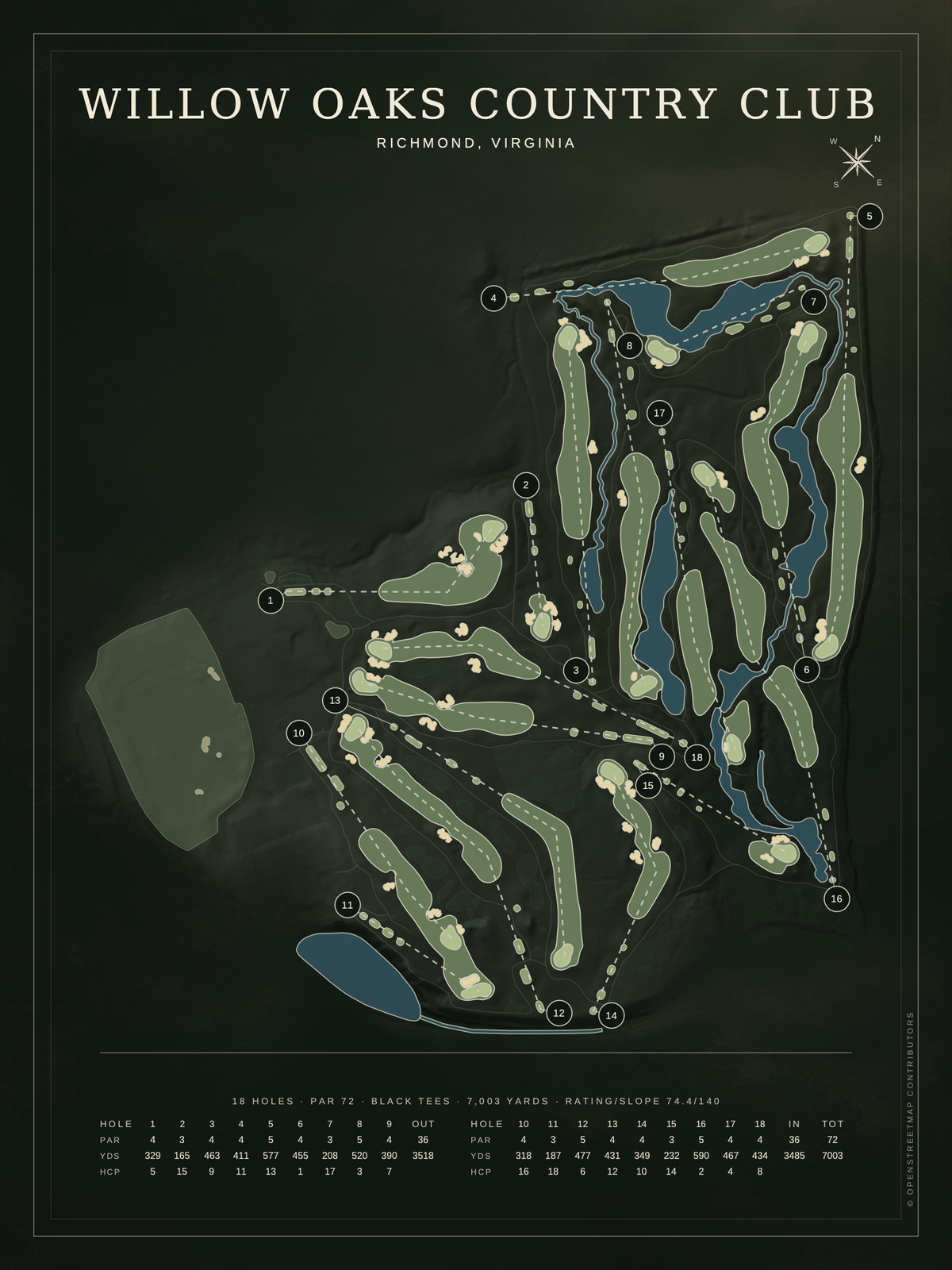 Willow Oaks Country Club course map poster, Architectural style, 12×16 / 18×24
